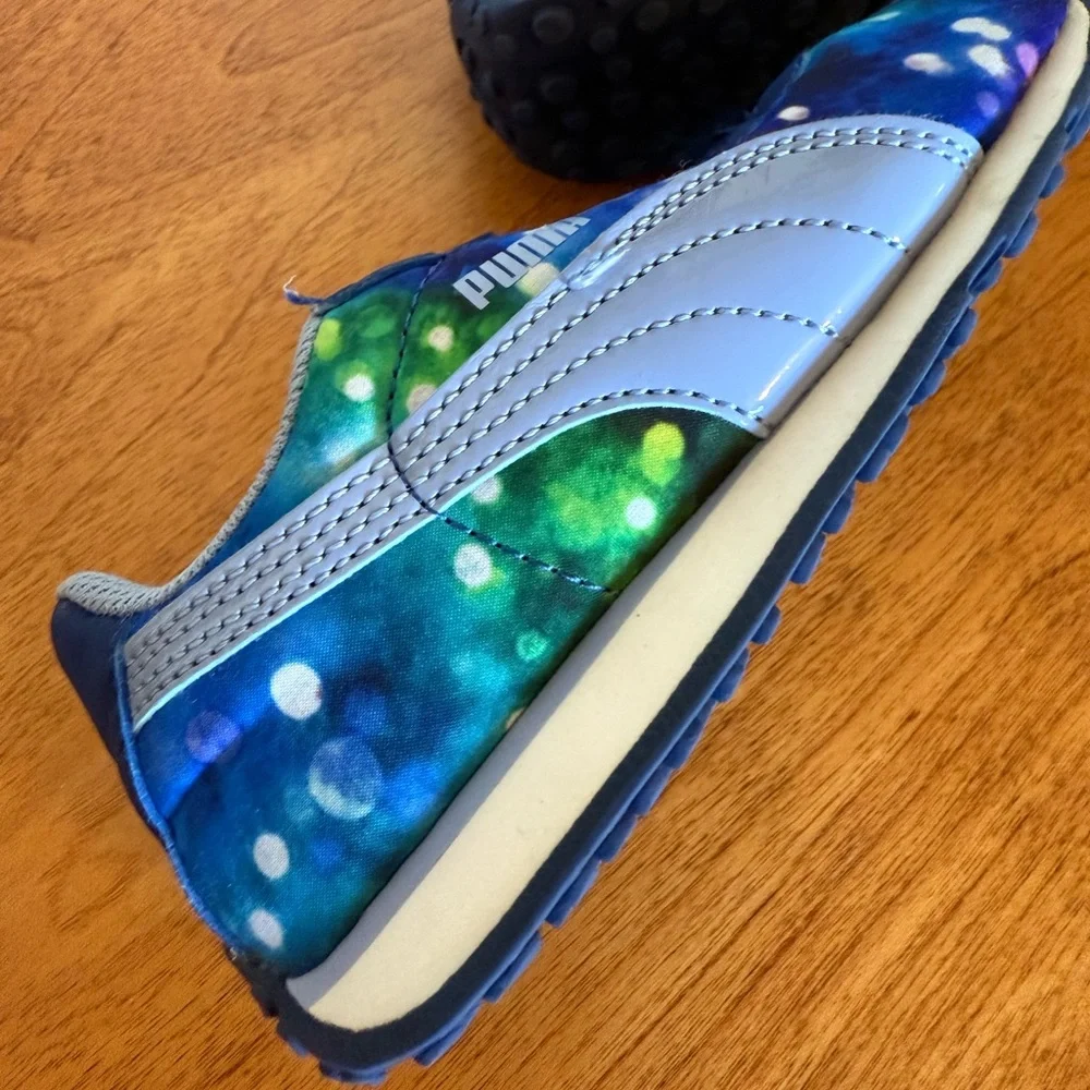10C Puma Kids Galaxy Blue Purple Green Sneakers Pull-On Soft EUC Rubber Sole - Picture 6 of 11